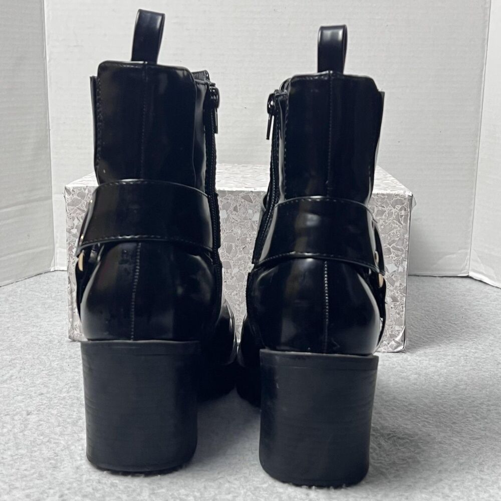 ShoeDazzle Enslee Boots Womens 7.5 Black Harness Lug Sole Block Heel Moto Style - Picture 6 of 13